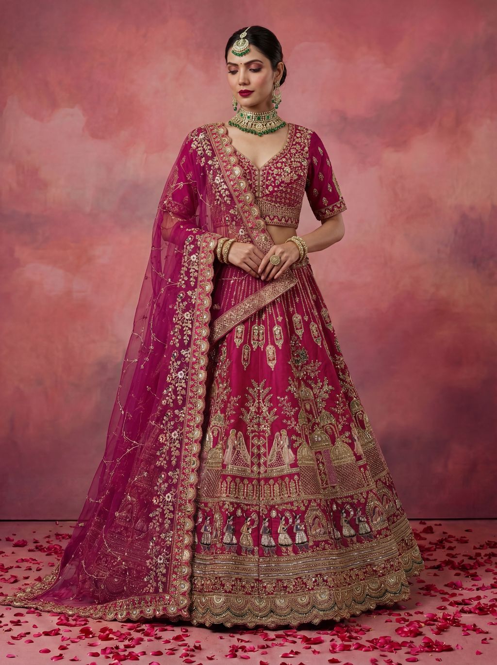 Pink Pure Soft Gadwal Silk Heavy Embroidery Work Bridal Lehenga 