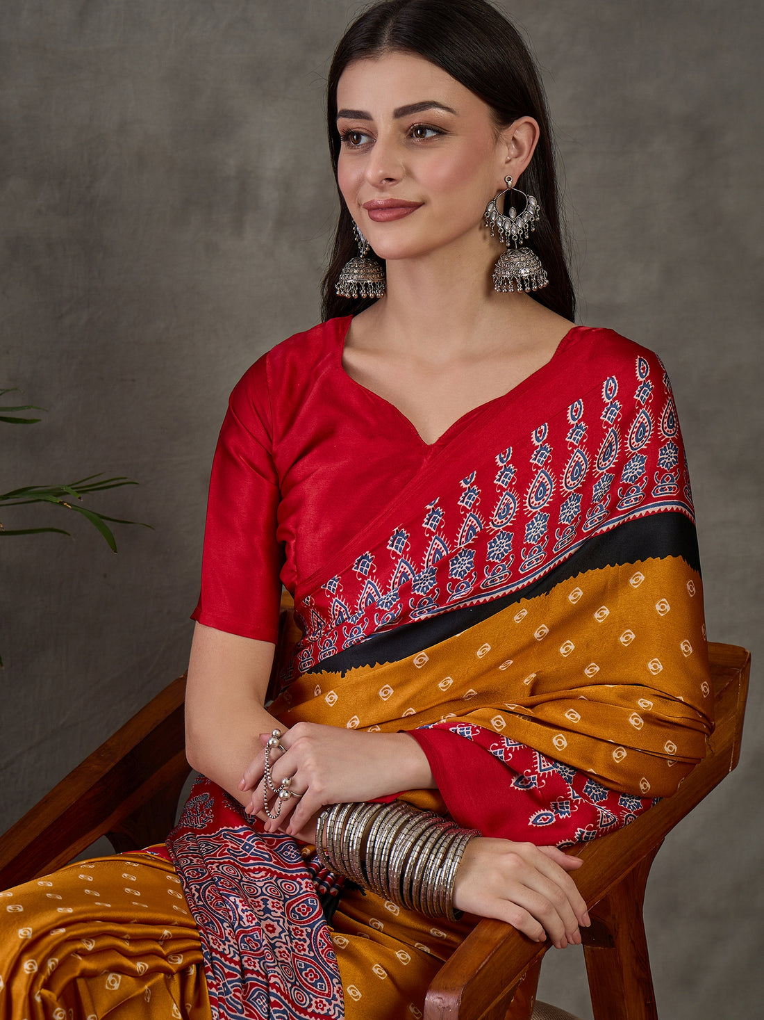 Mustard Pure Semi Modal Silk Ajarkh Printed Saree