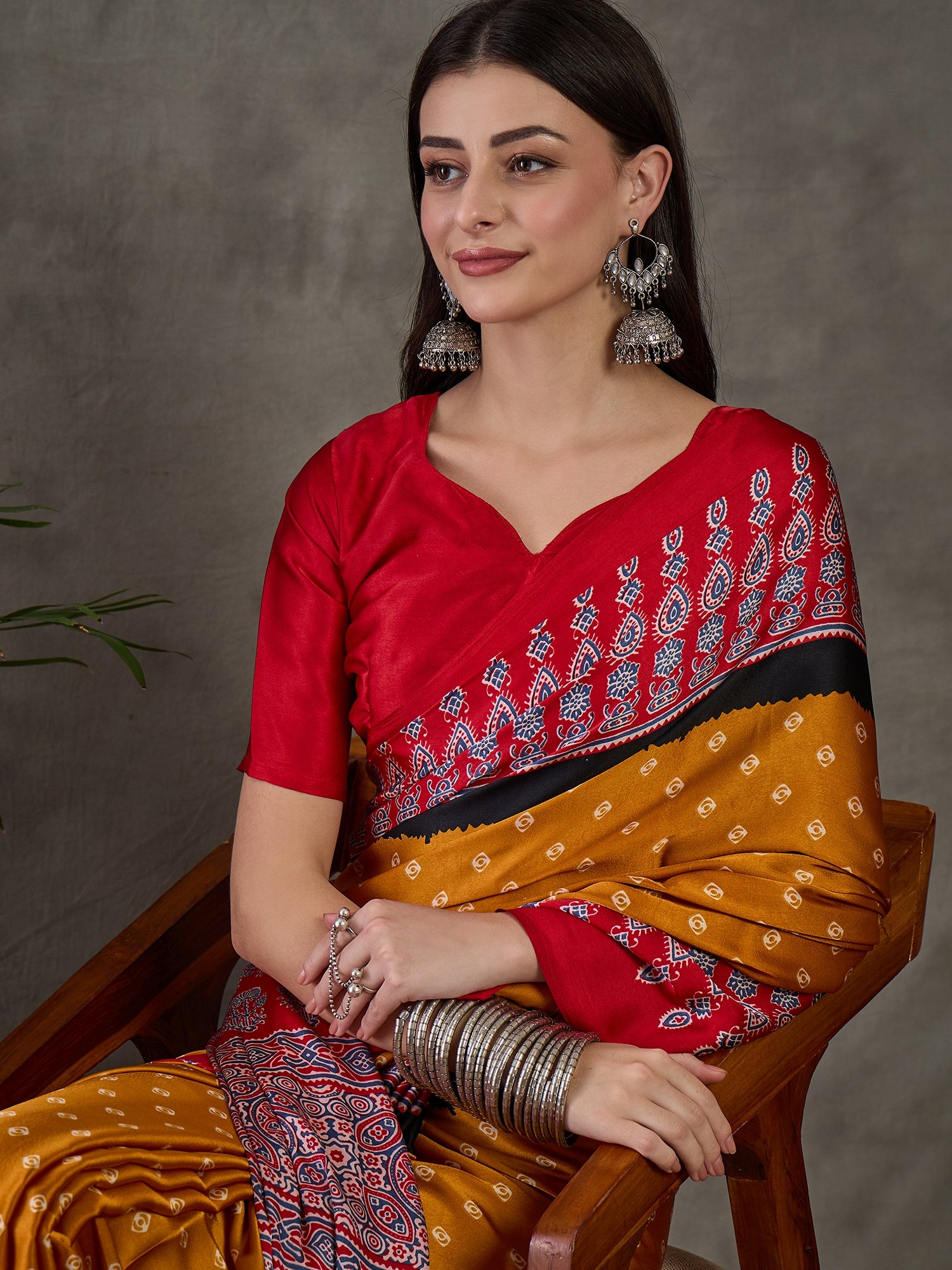 Mustard Pure Semi Modal Silk Ajarkh Printed Saree
