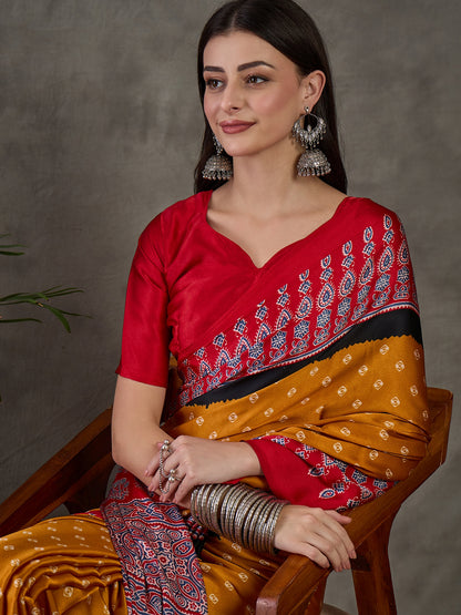 Mustard Pure Semi Modal Silk Ajarkh Printed Saree
