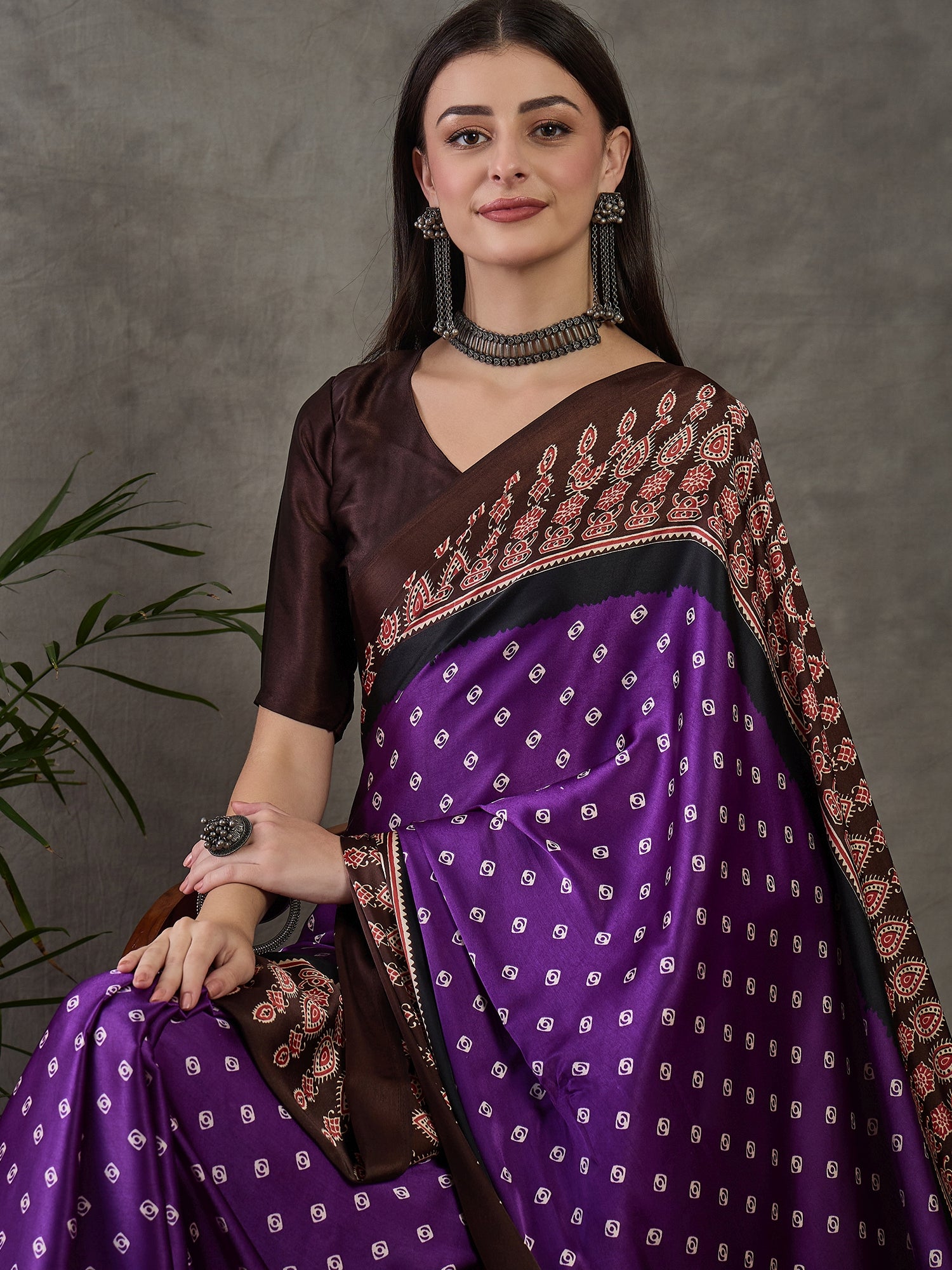 Violet Pure Semi Modal Silk Ajarkh Printed Saree ##color## Floral Printed Saree with premium fabric and embroidery