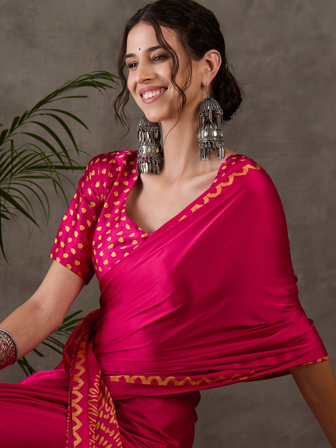 Pink Pure Semi Modal Japan Silk Ajarkh Printed Saree 