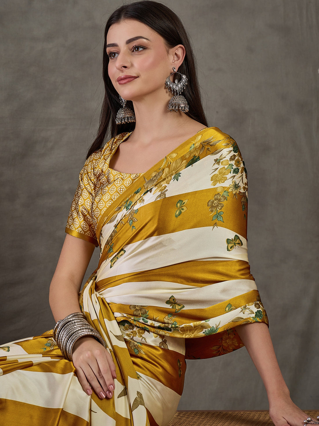 Yellow Pure Semi Modal Japan Silk Ajarkh Printed Saree 