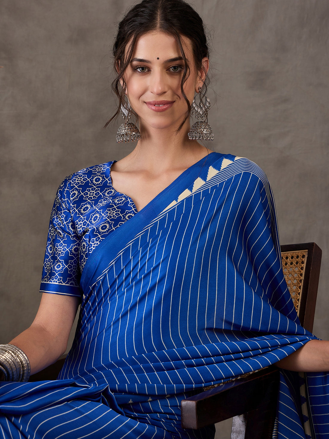 Blue Pure Semi Modal Silk Ajarkh Printed Saree 