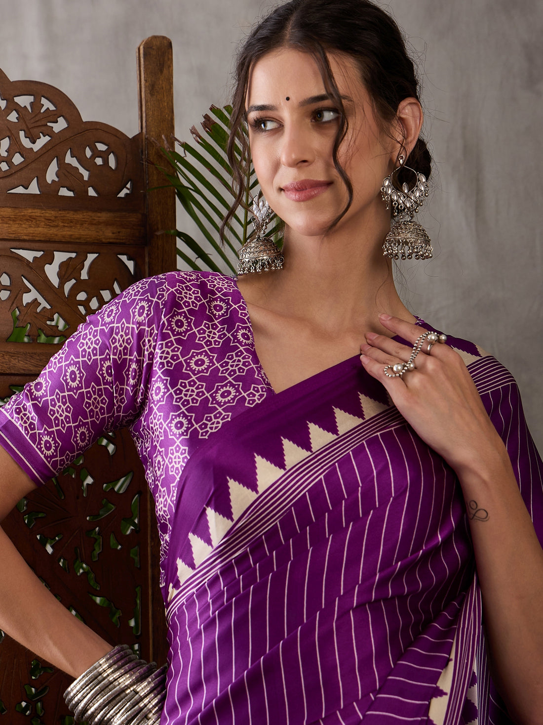 Purple Pure Semi Modal Silk Ajarkh Printed Saree 