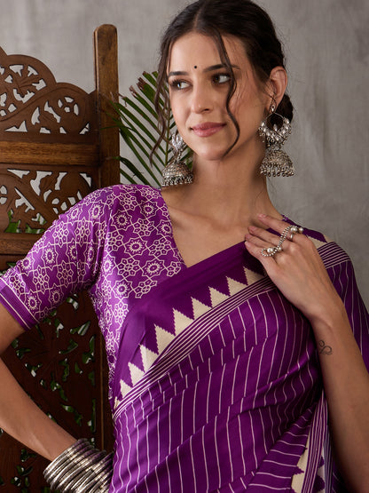 Purple Pure Semi Modal Silk Ajarkh Printed Saree 