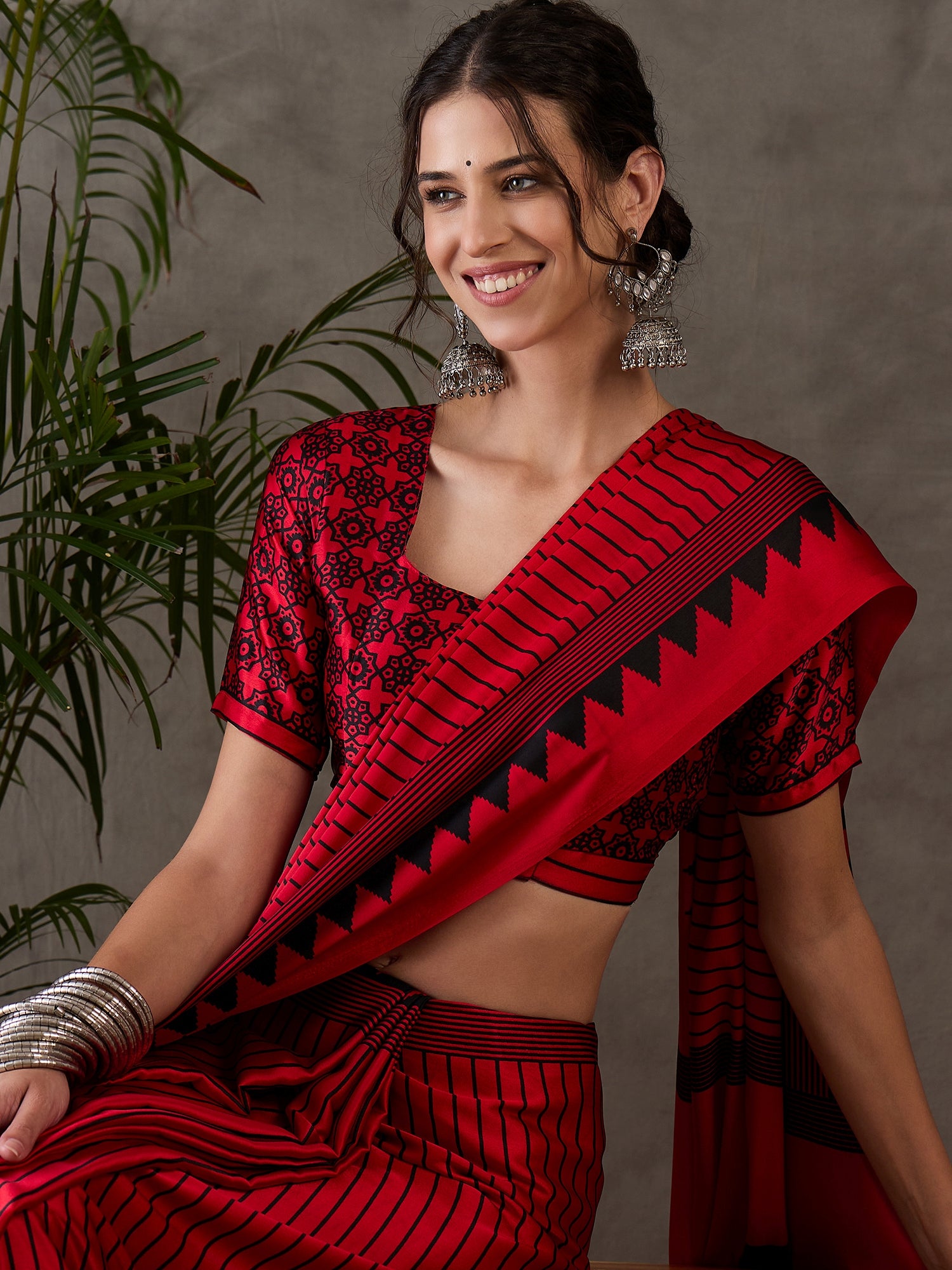 Red Pure Semi Modal Silk Ajarkh Printed Saree ##color## Floral Printed Saree with premium fabric and embroidery