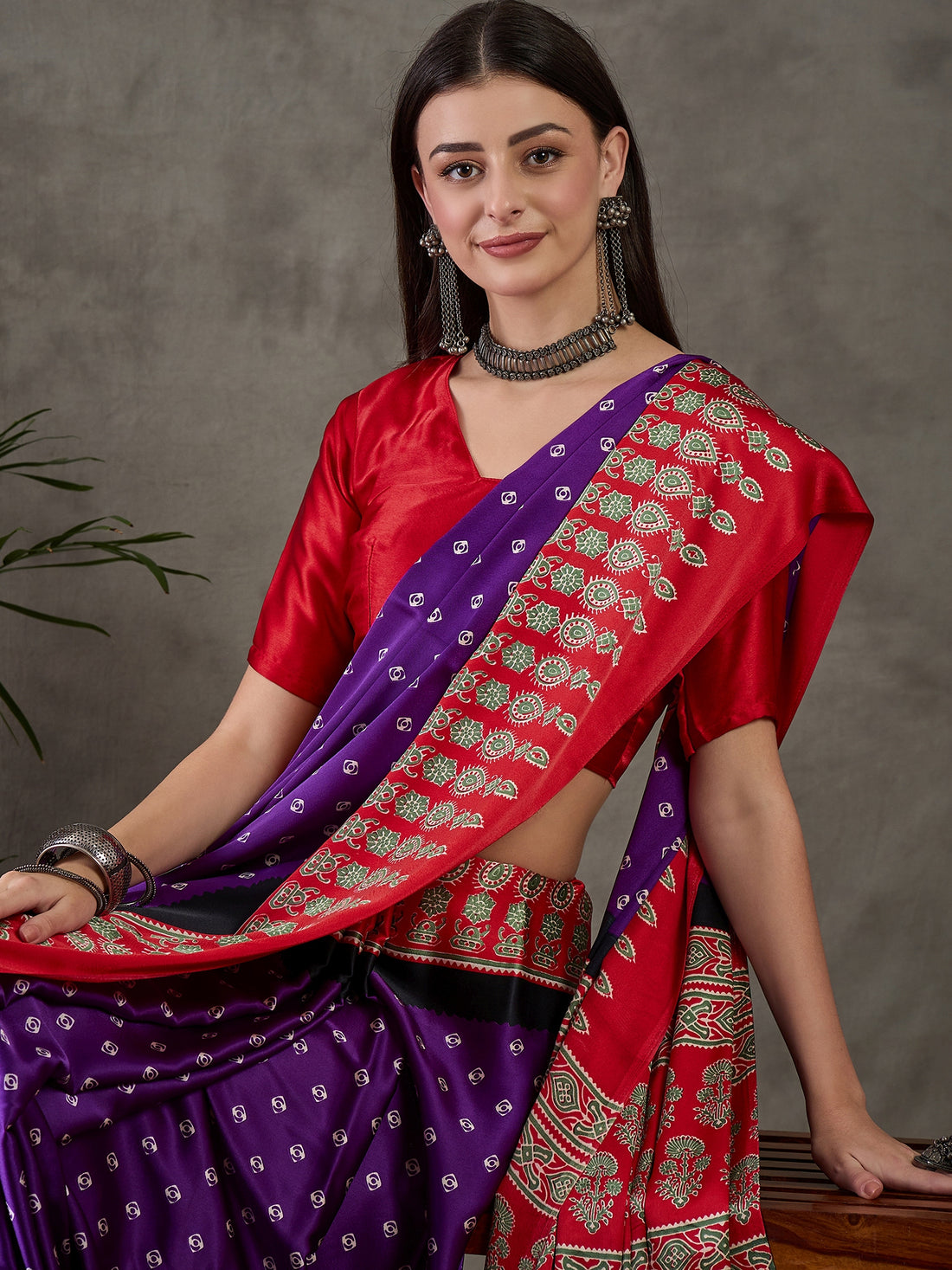 Purple Pure Semi Modal Silk Ajarkh Printed Saree 