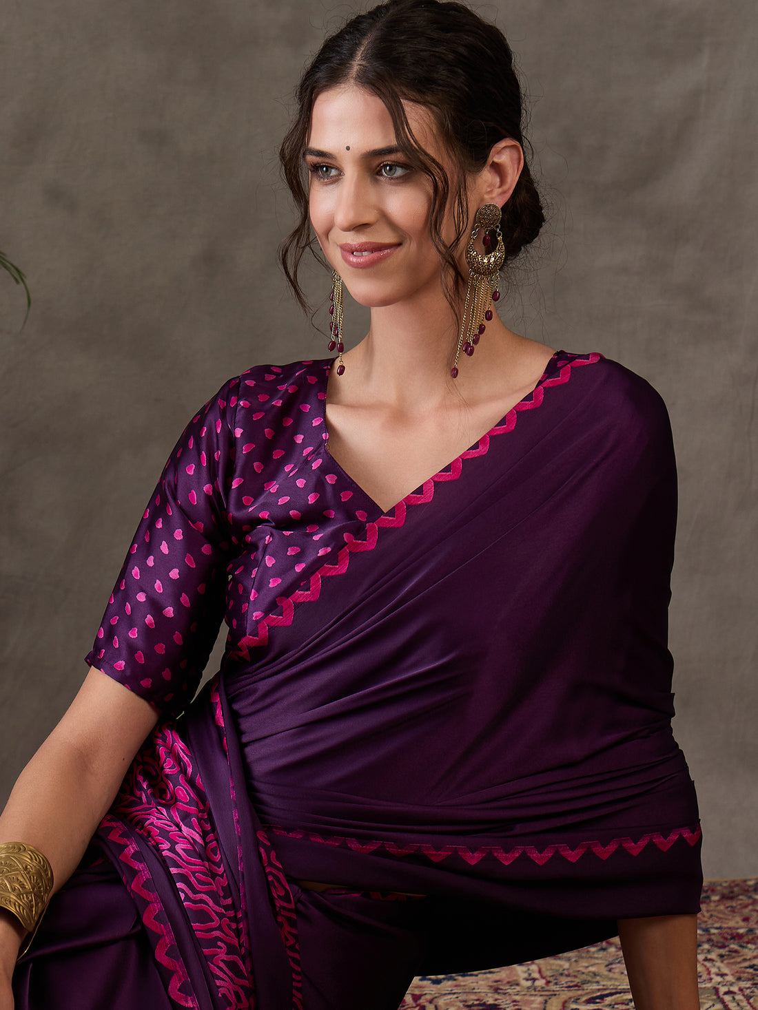 Purple Pure Semi Modal Japan Silk Ajarkh Printed Saree 