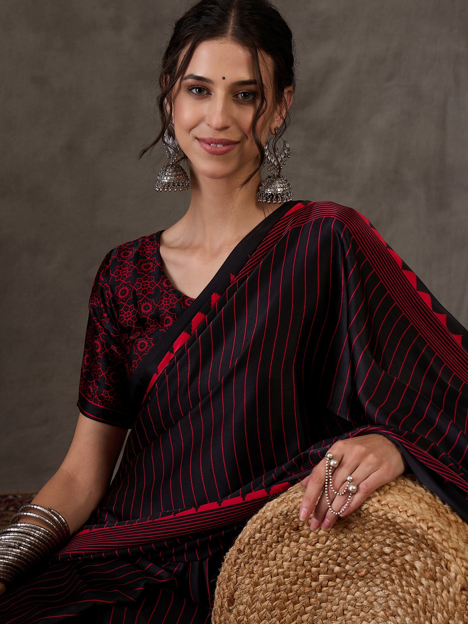 Black Pure Semi Modal Silk Ajarkh Printed Saree ##color## Floral Printed Saree with premium fabric and embroidery