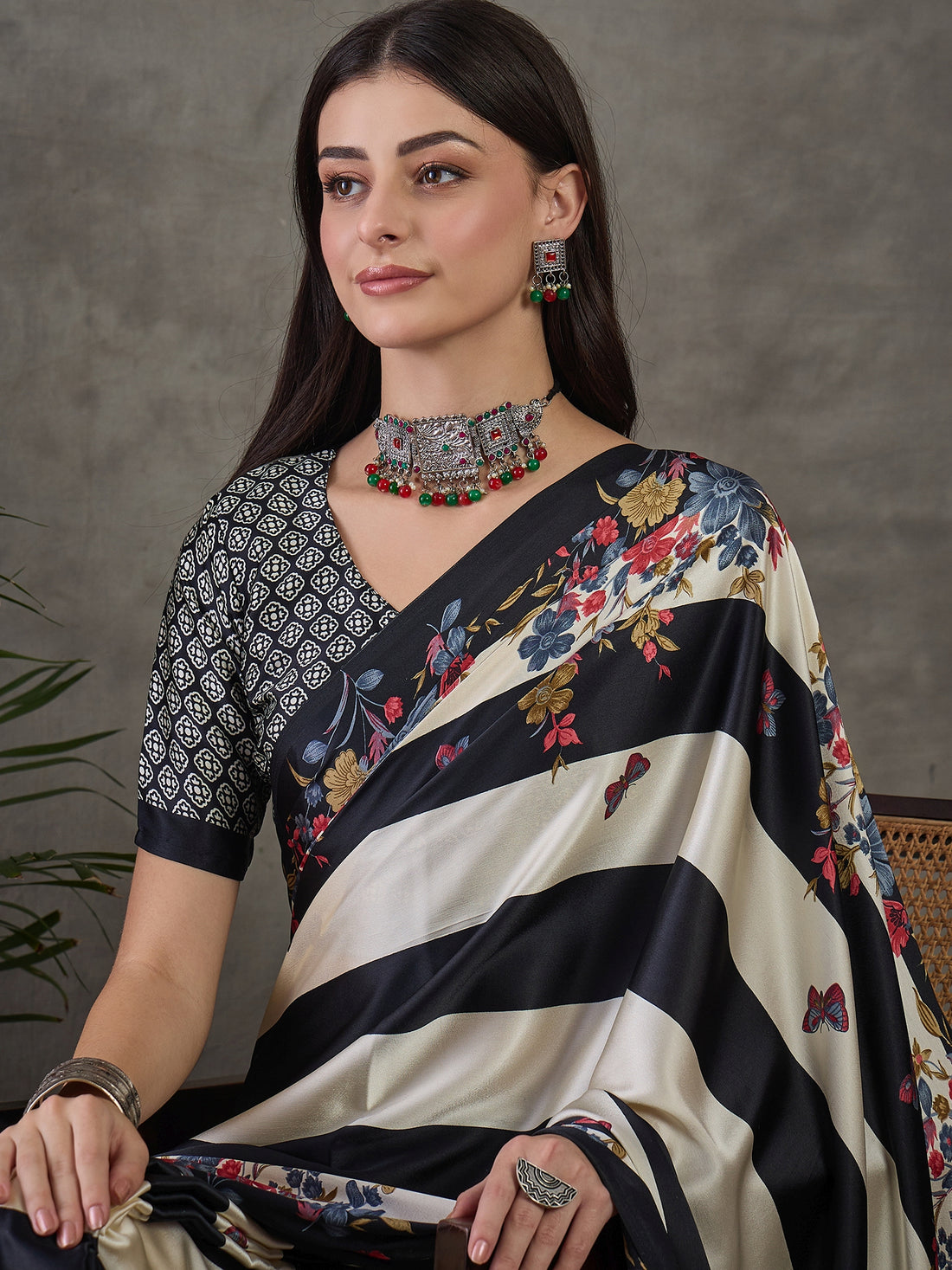 Black Pure Semi Modal Japan Silk Ajarkh Printed Saree 