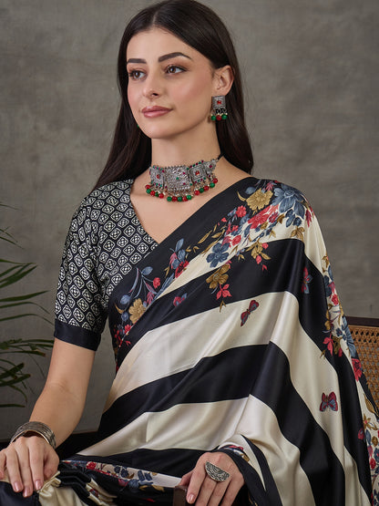 Black Pure Semi Modal Japan Silk Ajarkh Printed Saree 