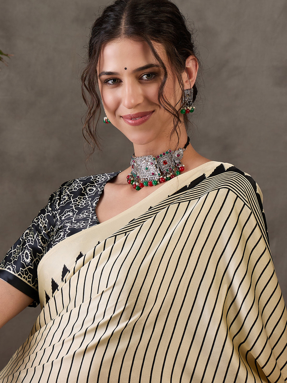 Cream Pure Semi Modal Silk Ajarkh Printed Saree 