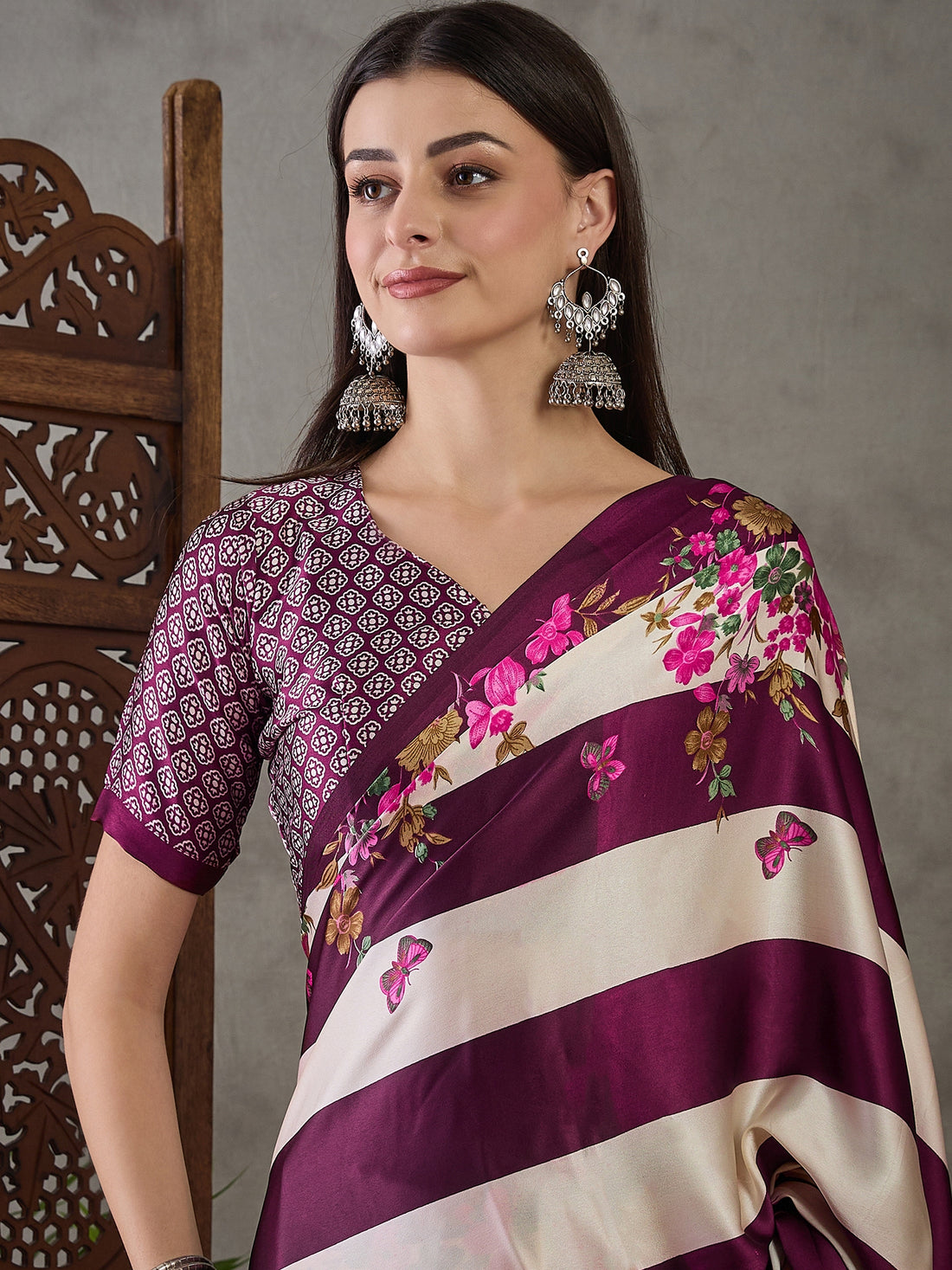 Purple Pure Semi Modal Japan Silk Ajarkh Printed Saree 
