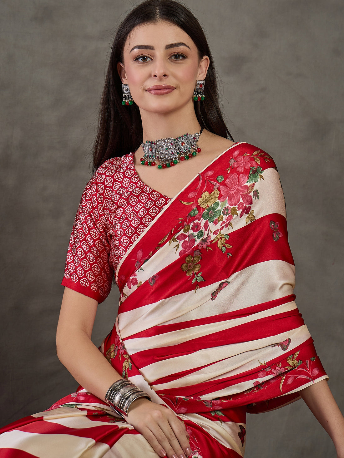 Red Pure Semi Modal Japan Silk Ajarkh Printed Saree 