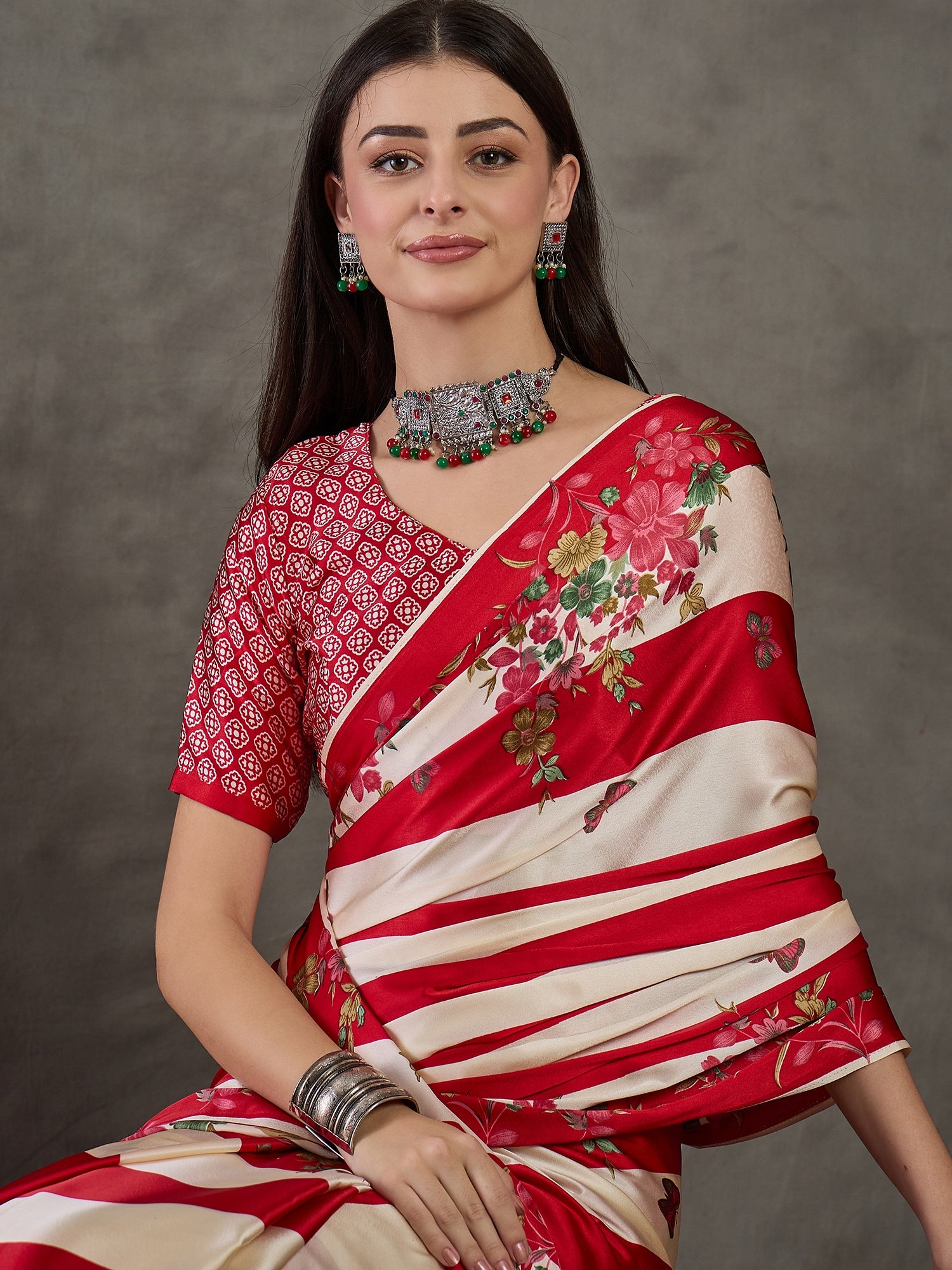 Red Pure Semi Modal Japan Silk Ajarkh Printed Saree 