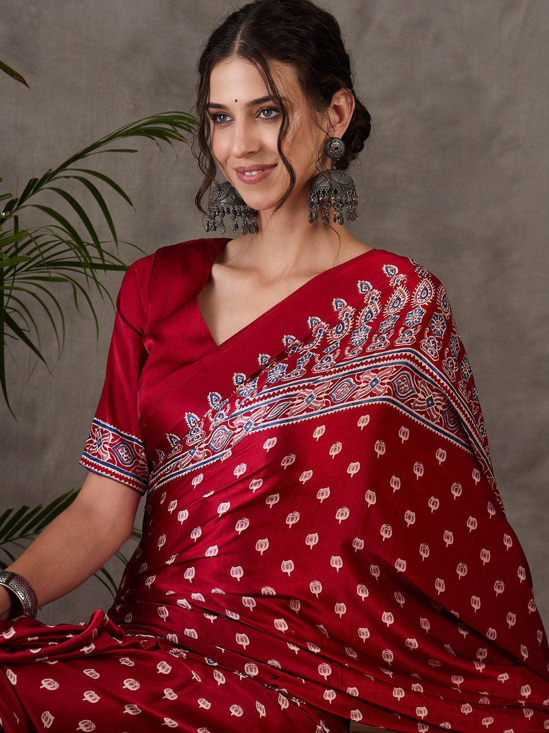 Red Pure Semi Modal Silk Floral Printed Saree 