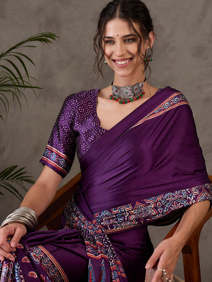 Purple Pure Semi Modal Silk Floral Printed Saree 