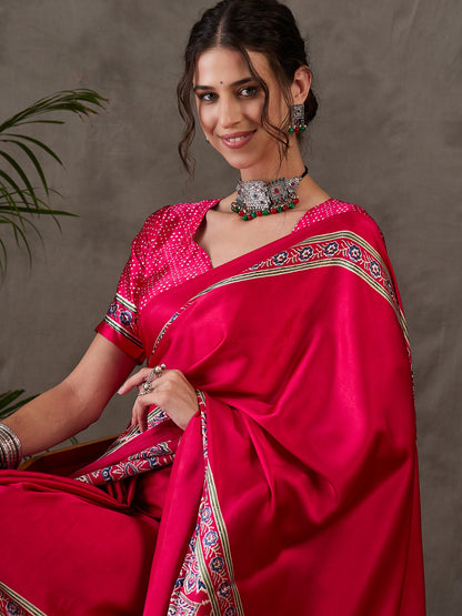Pink Pure Semi Modal Silk Floral Printed Saree 