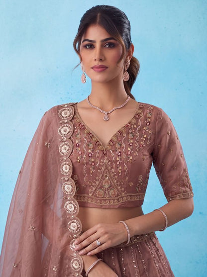 Pink Pure Chandnia Silk Handwork Motif Peacock Pattern Crystal Beads Multi Thread Dori &amp; Sequins Work Bridal Lehenga Choli