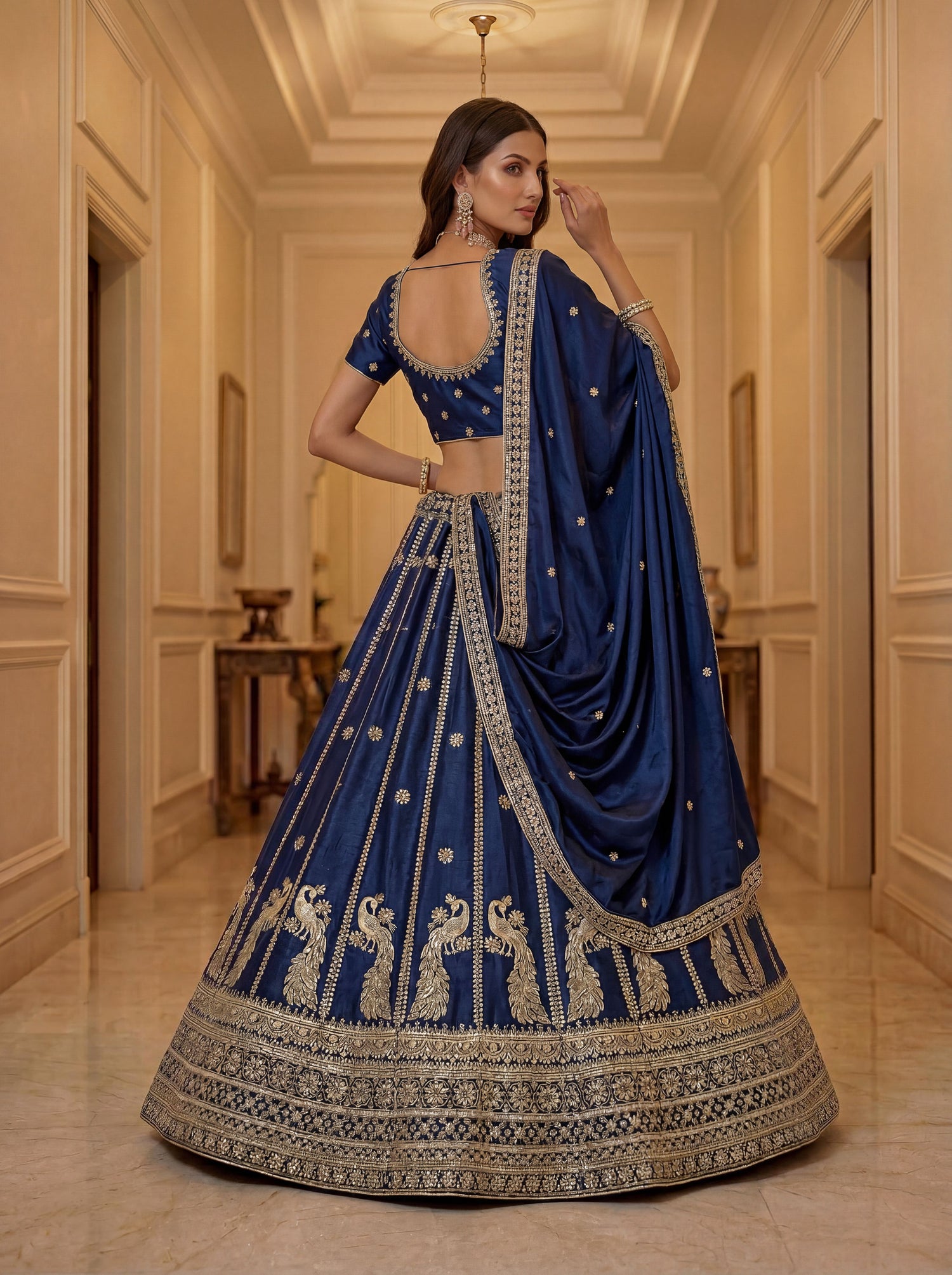 Blue Pure Soft Silk Heavy Sequins Zari Embroidery Thread Work Lehenga Choli
