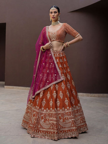 Orange Pure Soft Heavy Silk Sequins Embroidery Work Bridal Lehenga 