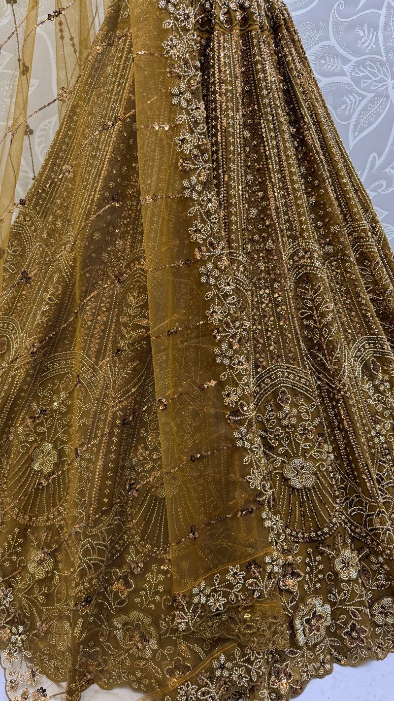 Golden Pure Soft Net Heavy Embroidery Work Bridal Lehenga