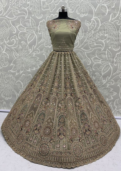 Pista Pure Soft Heavy Net Sequins Embroidery Work Bridal Lehenga 