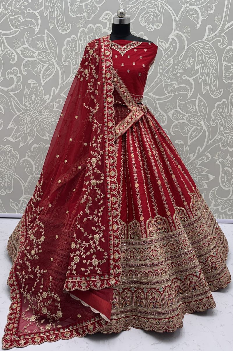 Red Pure Soft Gadhwal Silk Heavy Embroidery Work Bridal Lehenga