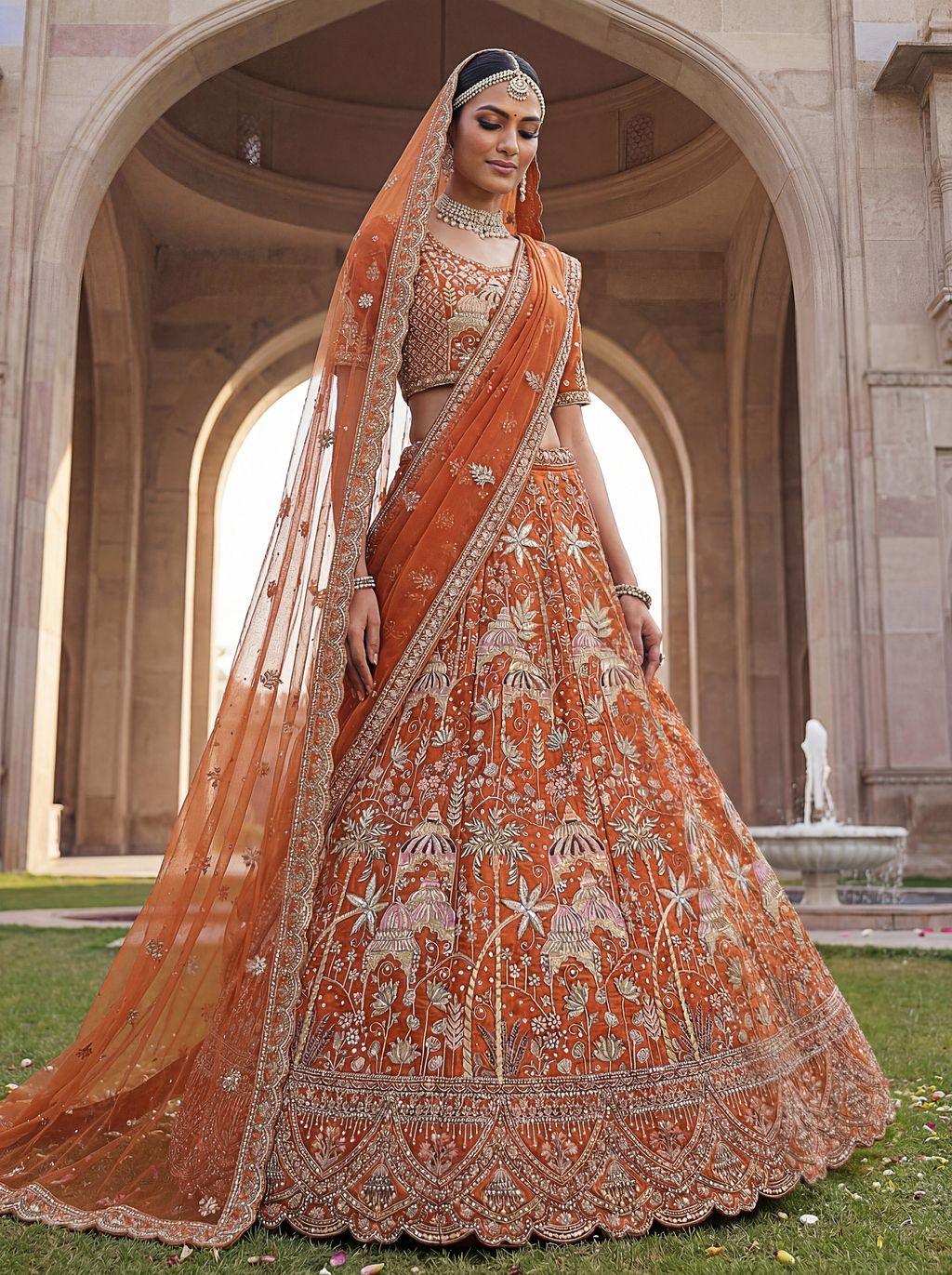 Orange Pure Soft Silk Heavy Embroidery Work Bridal Lehenga 