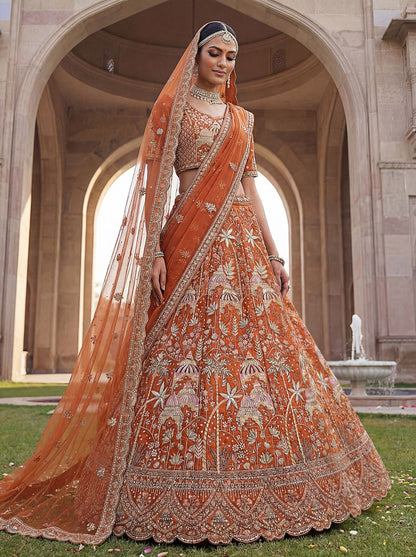 Orange Pure Soft Silk Heavy Embroidery Work Bridal Lehenga 