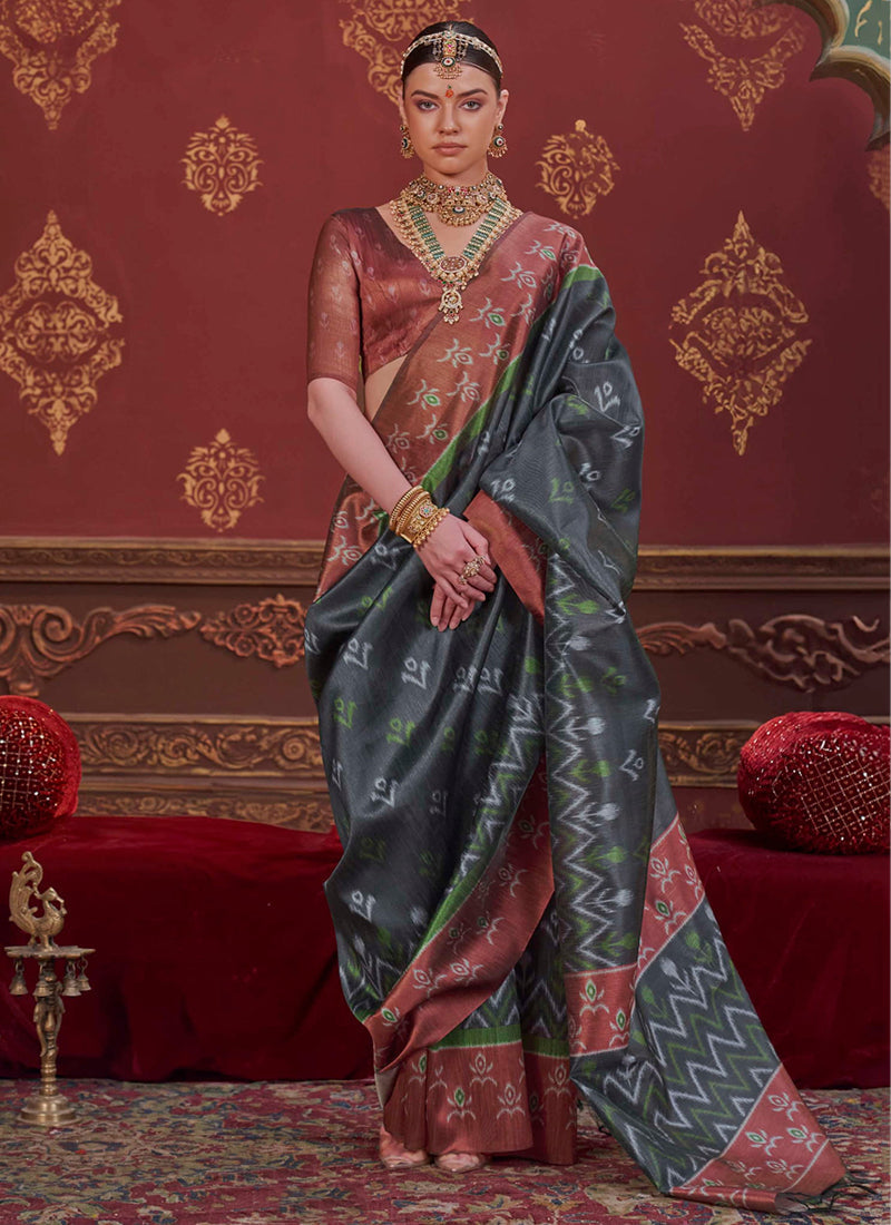 Grey Pure Soft P.C Silk Ikkat Print Saree 