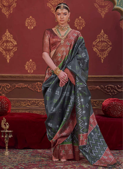Grey Pure Soft P.C Silk Ikkat Print Saree 