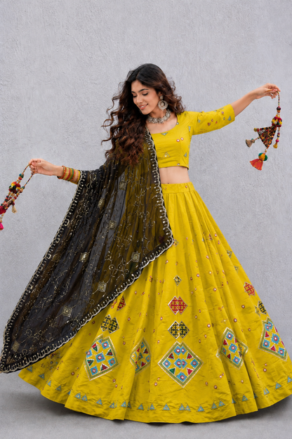 Yellow Pure Roman silk Embroidery sequin Work Navratri Lehenga Choli