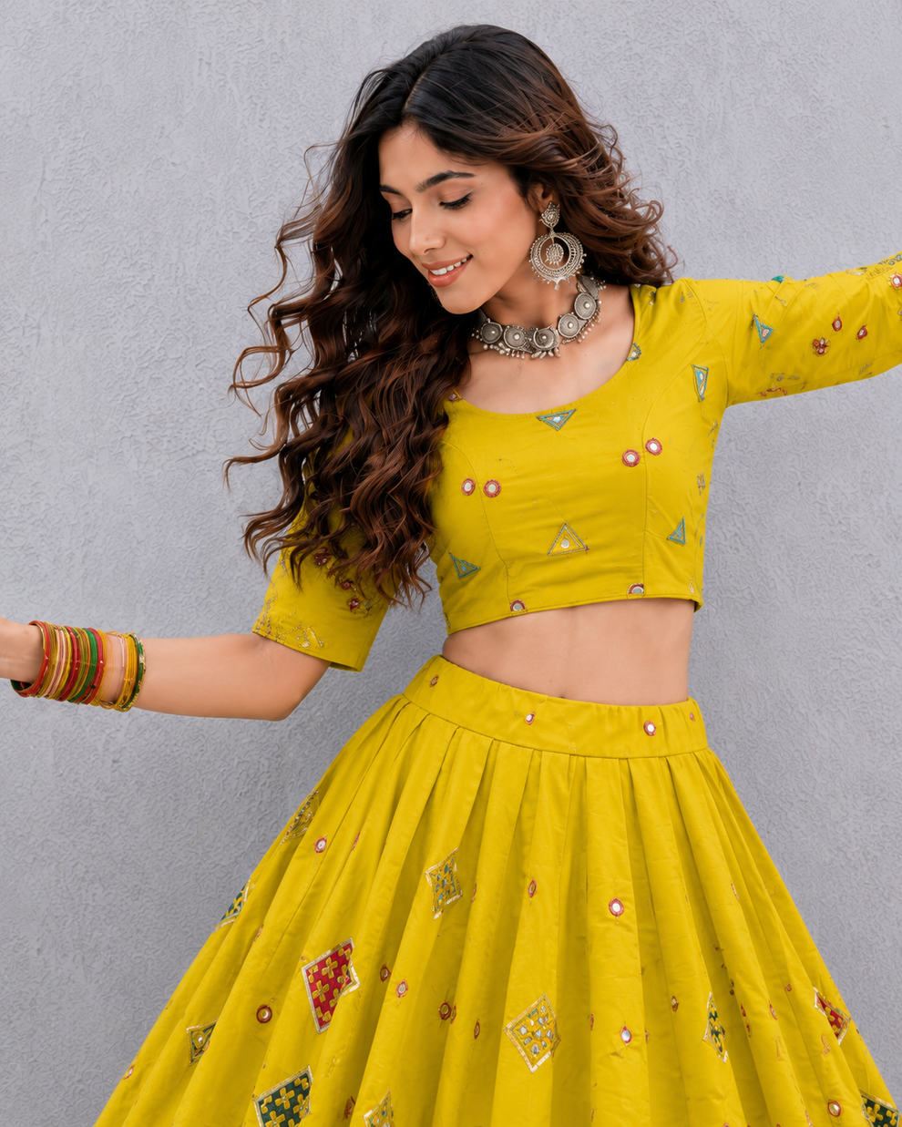 Yellow Pure Roman silk Embroidery sequin Work Navratri Lehenga Choli
