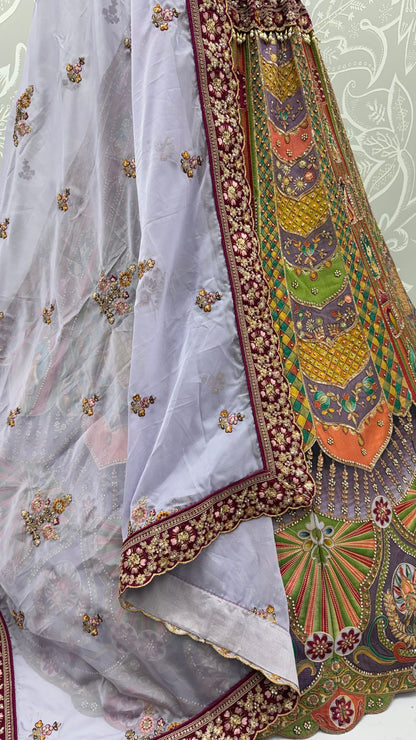 Multi Colour Pure Slub Silk Premium Dori Embroidery Sequins &amp; Diamond Work Bridal Lehenga Choli
