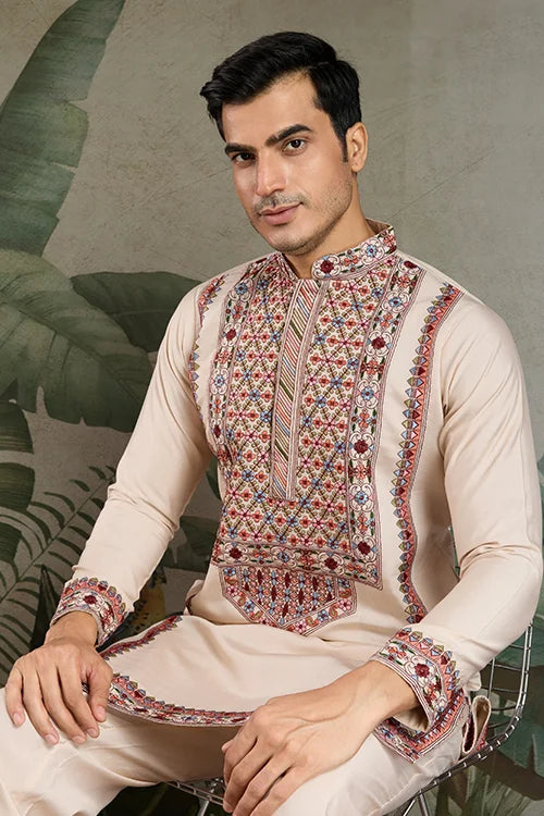 Ivory Embroidered Silk Kurta Pajama Set for Men
