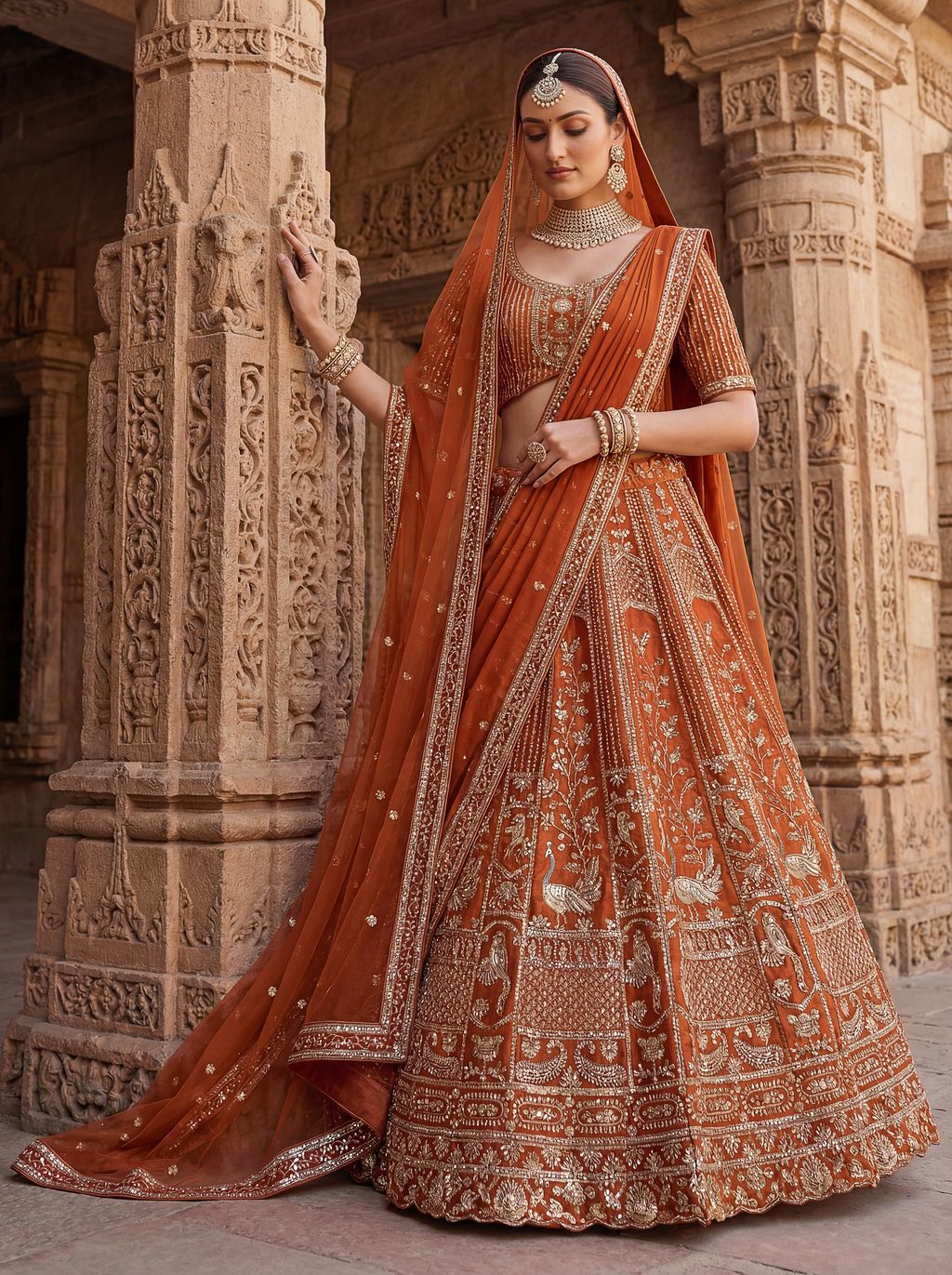 Orange Pure Soft Silk Heavy Embroidery Work Bridal Lehenga