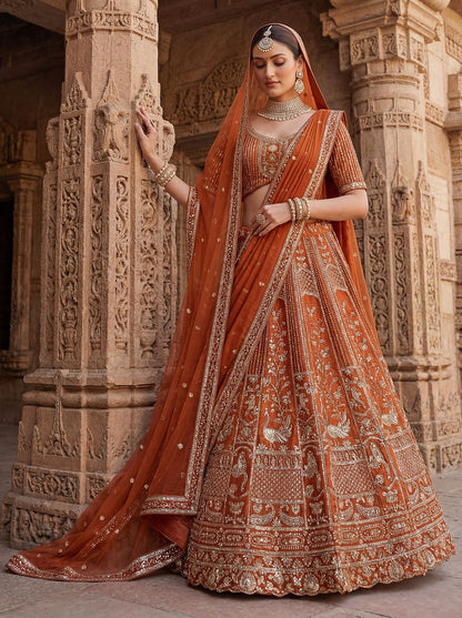 Orange Pure Soft Silk Heavy Embroidery Work Bridal Lehenga 