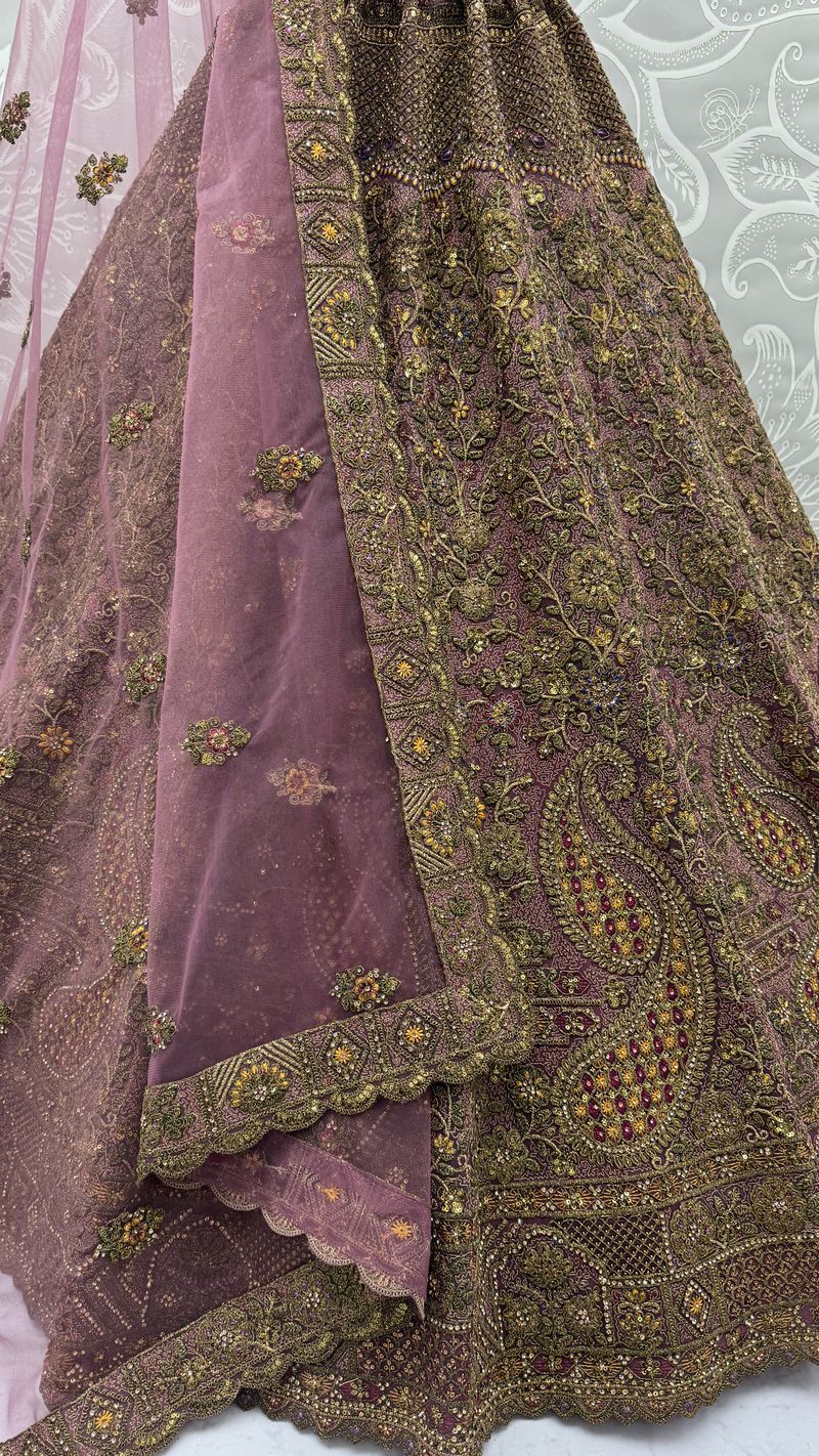 Light Purple Pure Soft Heavy Net Sequins Embroidery Work Bridal Lehenga 