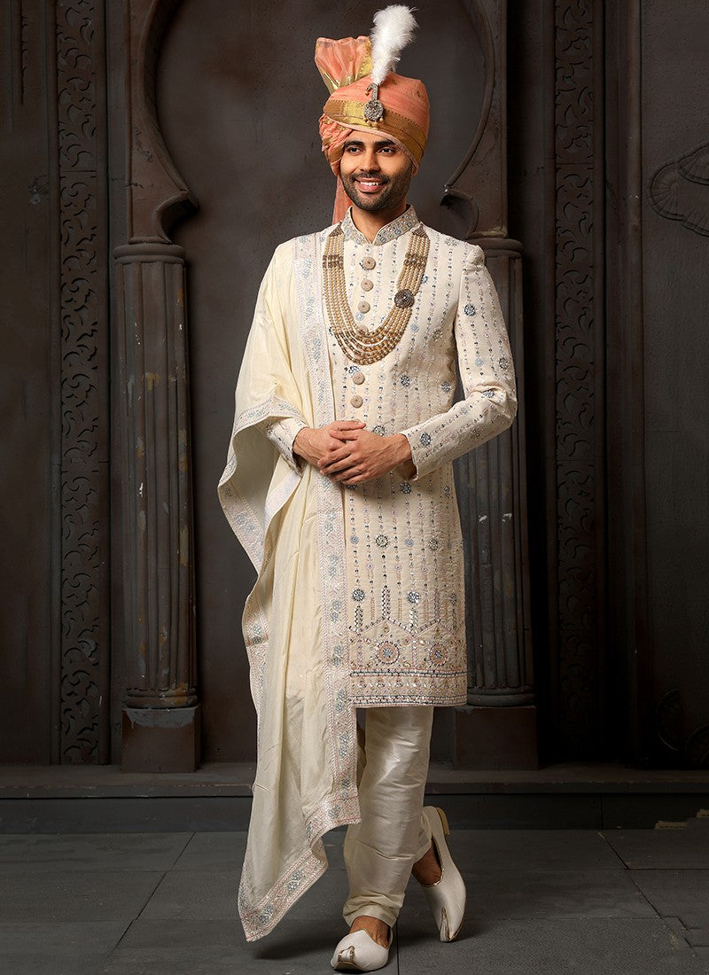 Cream Colour Wedding Wear Sherwani Suit D.No.1724 Anant Tex Exports Private Limited