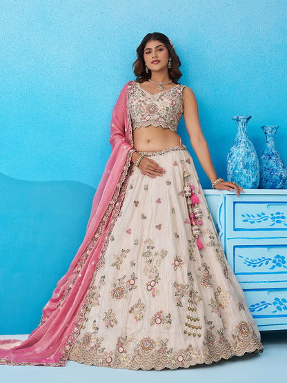 Cream &amp; Pink Lehenga Choli with Embroidered Dupatta