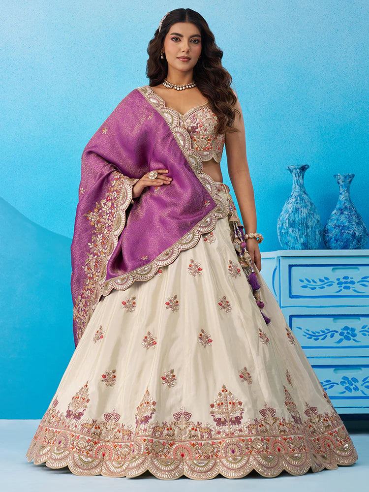 Cream &amp; Purple Lehenga Choli with Jacquard Dupatta
