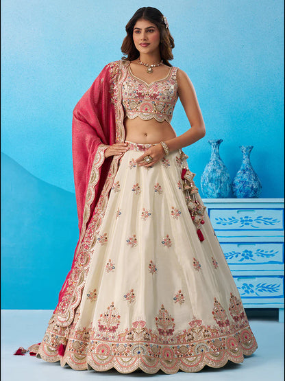 Cream Tissue Lehenga Choli with Rani Dupatta