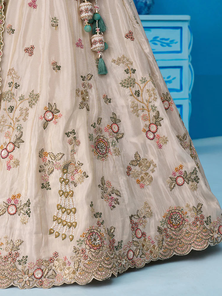 Cream &amp; Green Lehenga Choli with Embroidered Dupatta