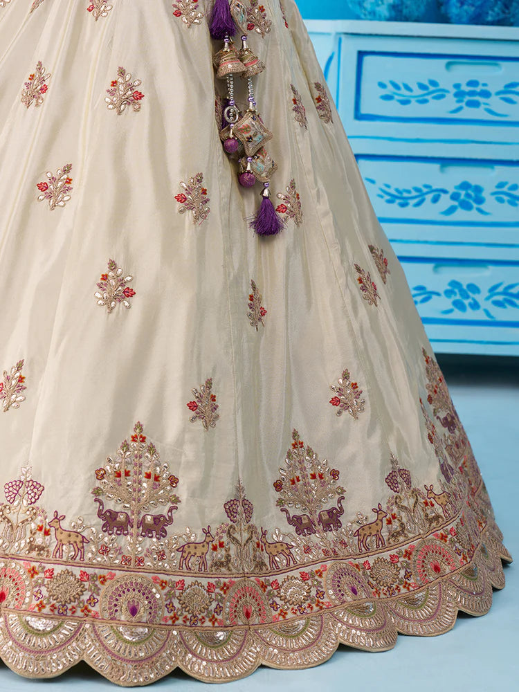 Cream &amp; Purple Lehenga Choli with Jacquard Dupatta