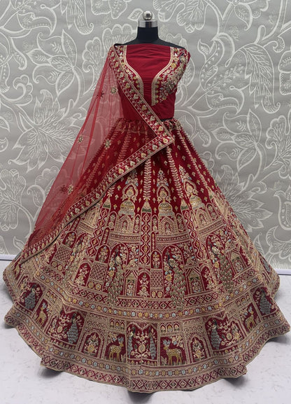 Red Pure Soft Silk Heavy Embroidery Work Bridal Lehenga 
