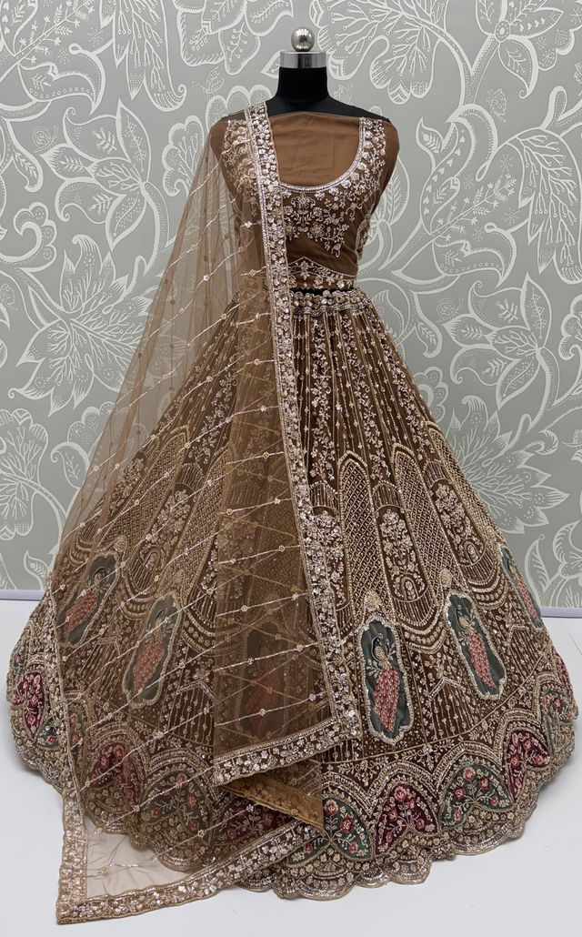 Brown Pure Heavy Net Motif Handwork Zari Sequins Work Bridal Lehenga Choli