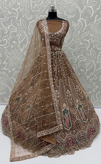 Brown Pure Heavy Net Motif Handwork Zari Sequins Work Bridal Lehenga Choli