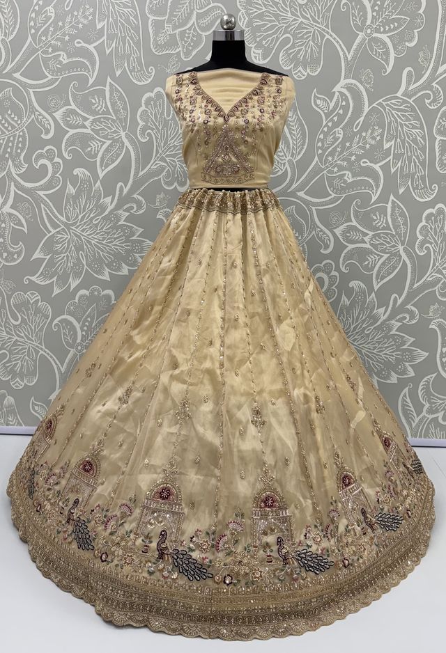 Off White Pure Chandnia Silk Handwork Motif Peacock Pattern Crystal Beads Multi Thread Dori &amp; Sequins Work Bridal Lehenga Choli